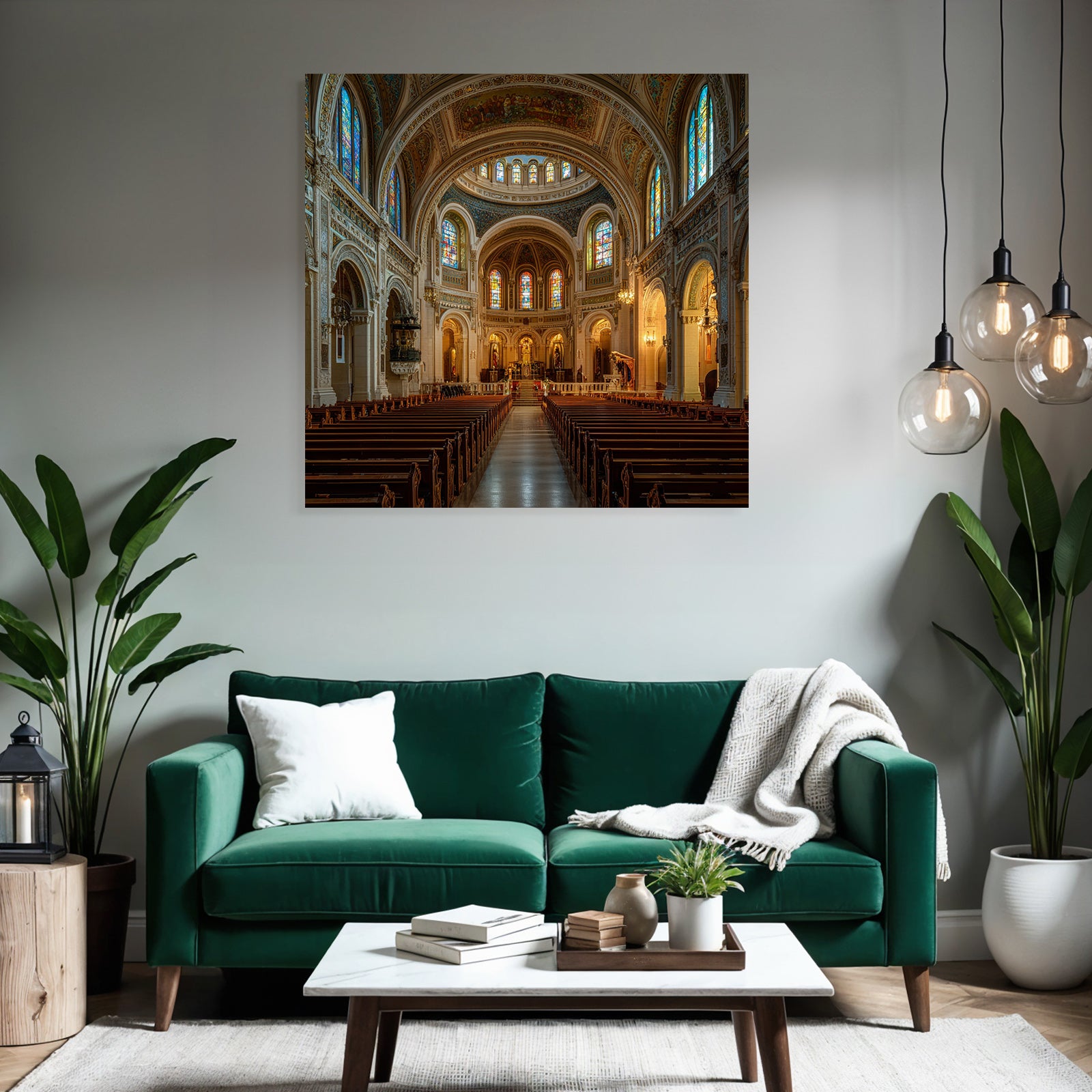 Grand Kirche Innenansicht Mit Buntem Glasfenster Und Pews