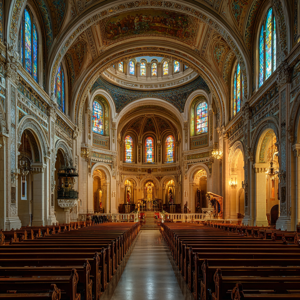 Grand Kirche Innenansicht Mit Buntem Glasfenster Und Pews | Sakrale Bauten | Architektur