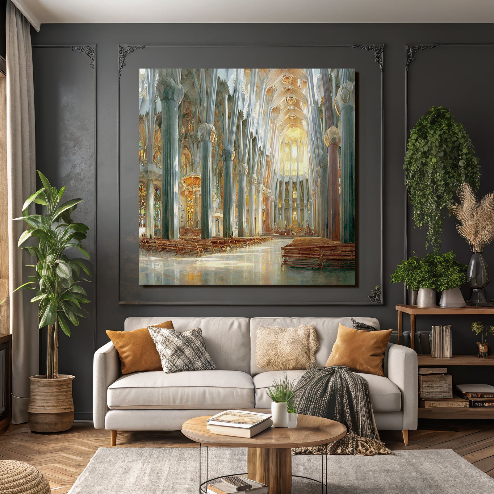 Grosse Kathedrale Innenansicht Kunstvolle Buntes Bleiglas