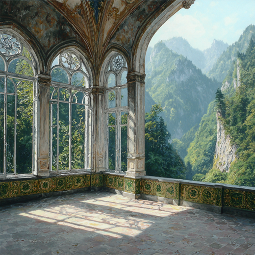 Innenraum Mit Bogenfenstern Und Aussicht Auf Die Berge | Sakrale Bauten | Architektur