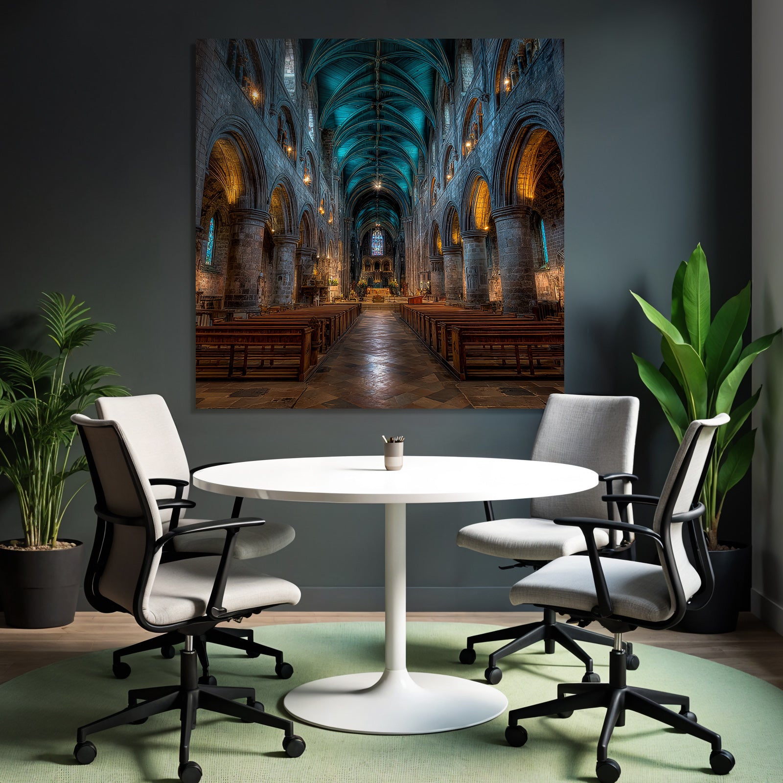 Kathedrale Innenraum Hohe Gewölbte Decke Mit Buntglasfenstern