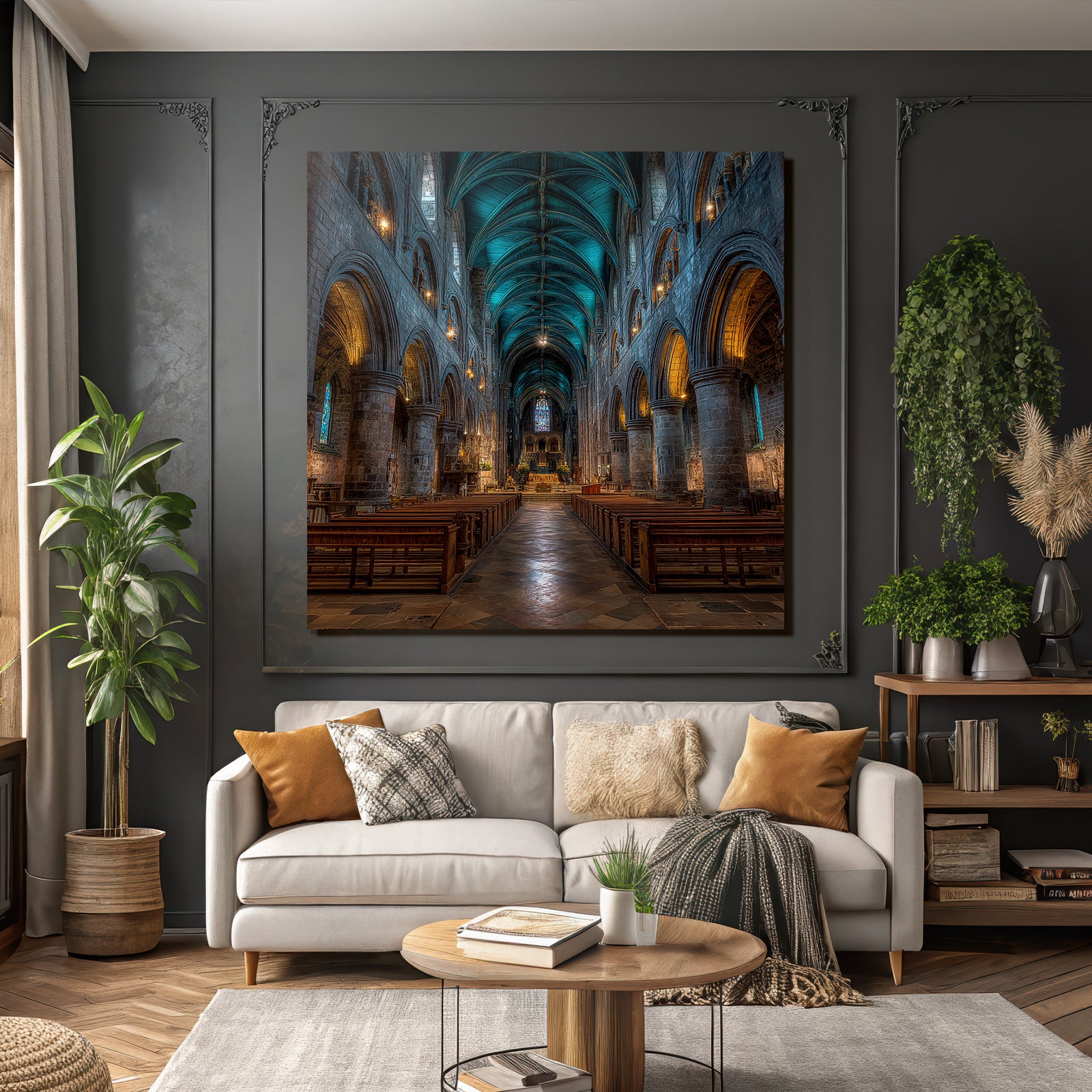 Kathedrale Innenraum Hohe Gewölbte Decke Mit Buntglasfenstern