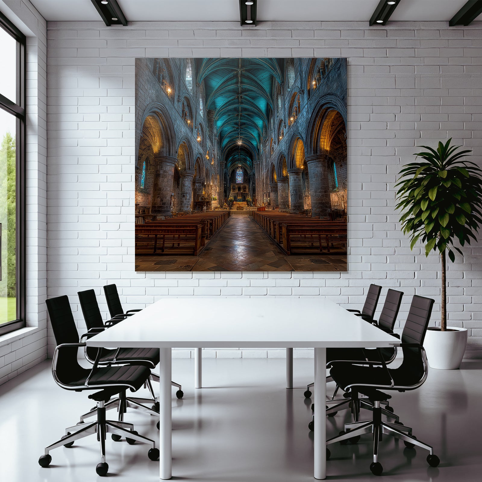 Kathedrale Innenraum Hohe Gewölbte Decke Mit Buntglasfenstern