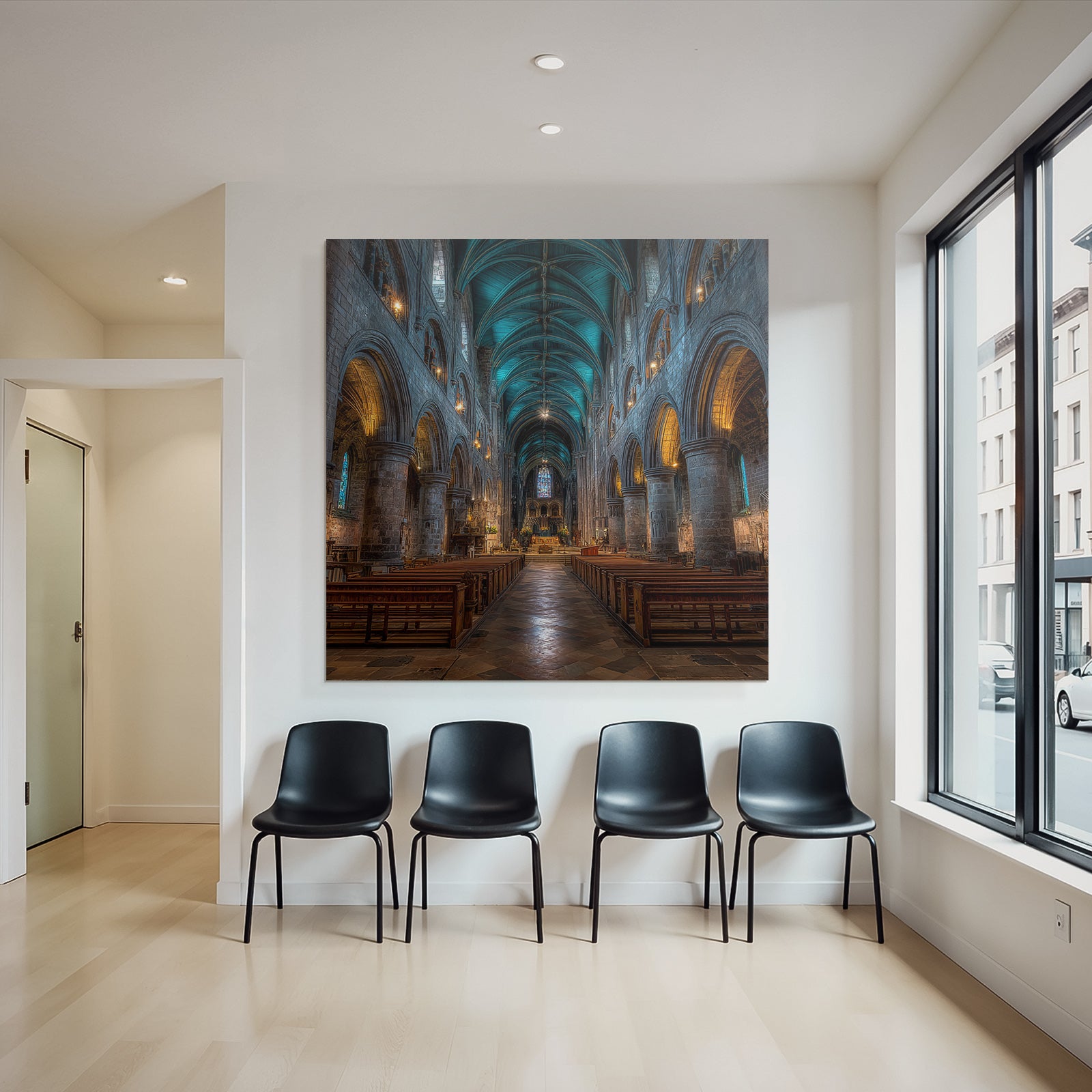 Kathedrale Innenraum Hohe Gewölbte Decke Mit Buntglasfenstern