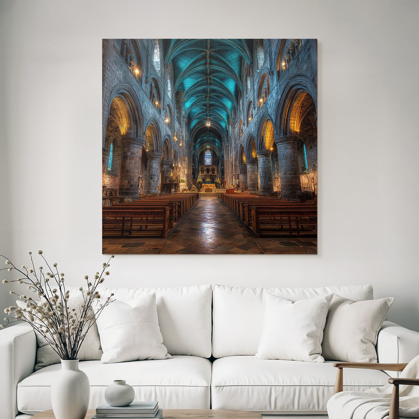 Kathedrale Innenraum Hohe Gewölbte Decke Mit Buntglasfenstern