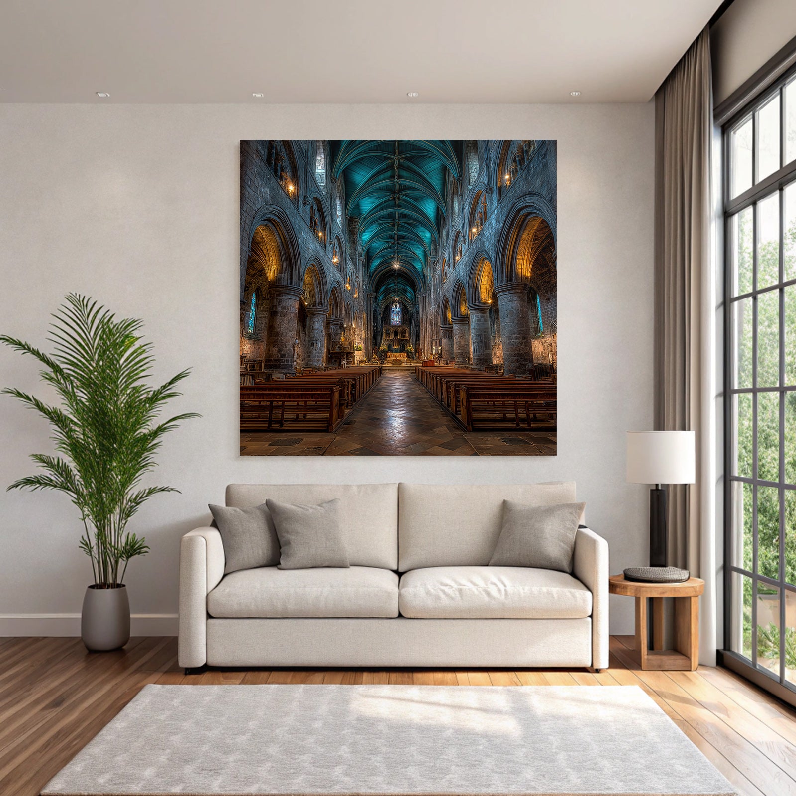 Kathedrale Innenraum Hohe Gewölbte Decke Mit Buntglasfenstern