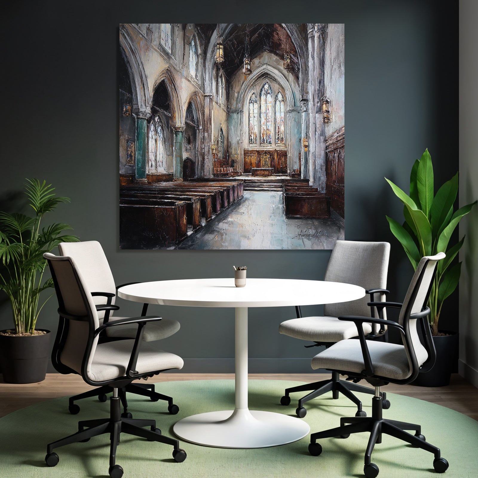 Kircheninneres Hochgewölbte Decke Buntglasfenster Impressionistisch