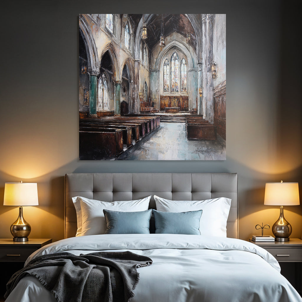Kircheninneres Hochgewölbte Decke Buntglasfenster Impressionistisch