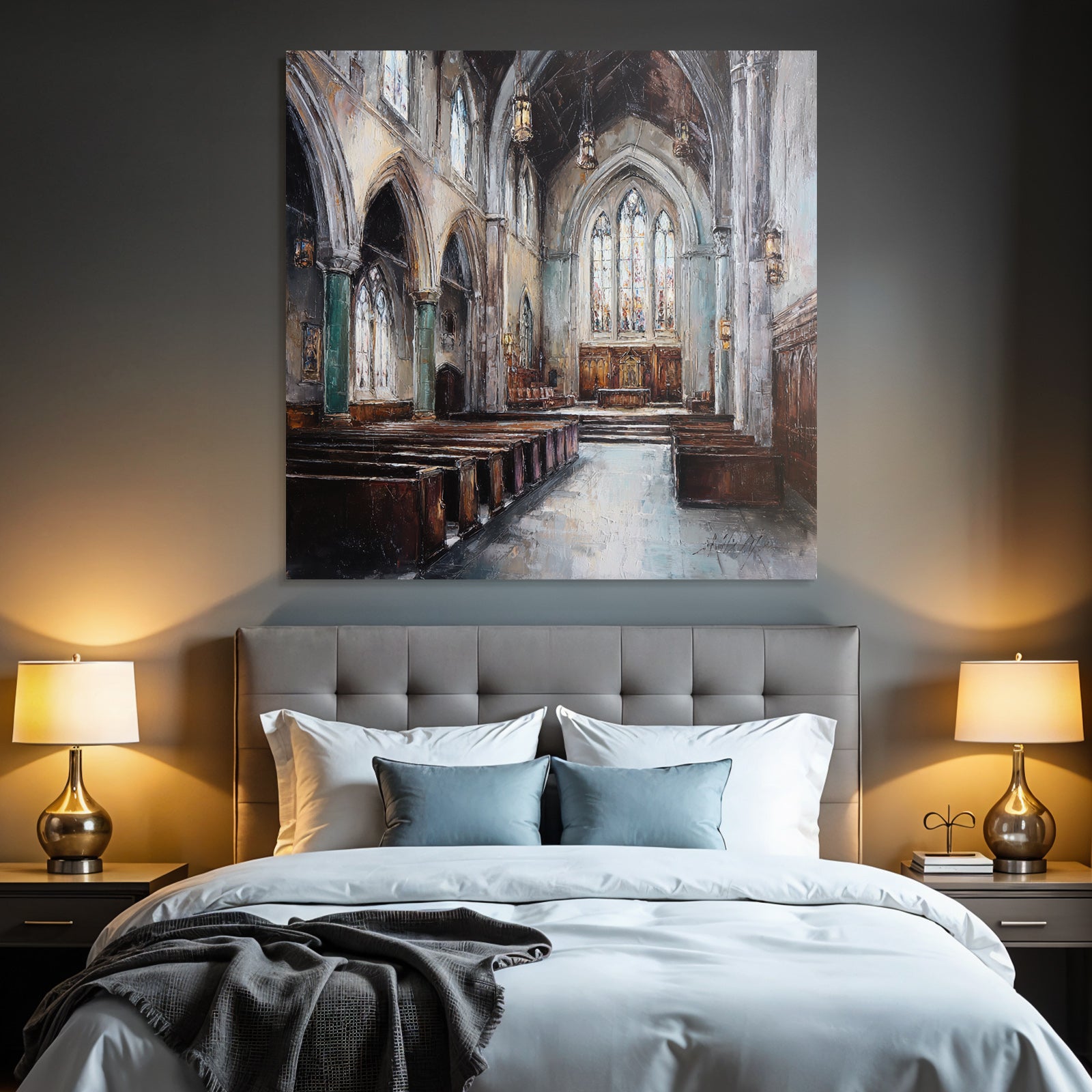 Kircheninneres Hochgewölbte Decke Buntglasfenster Impressionistisch