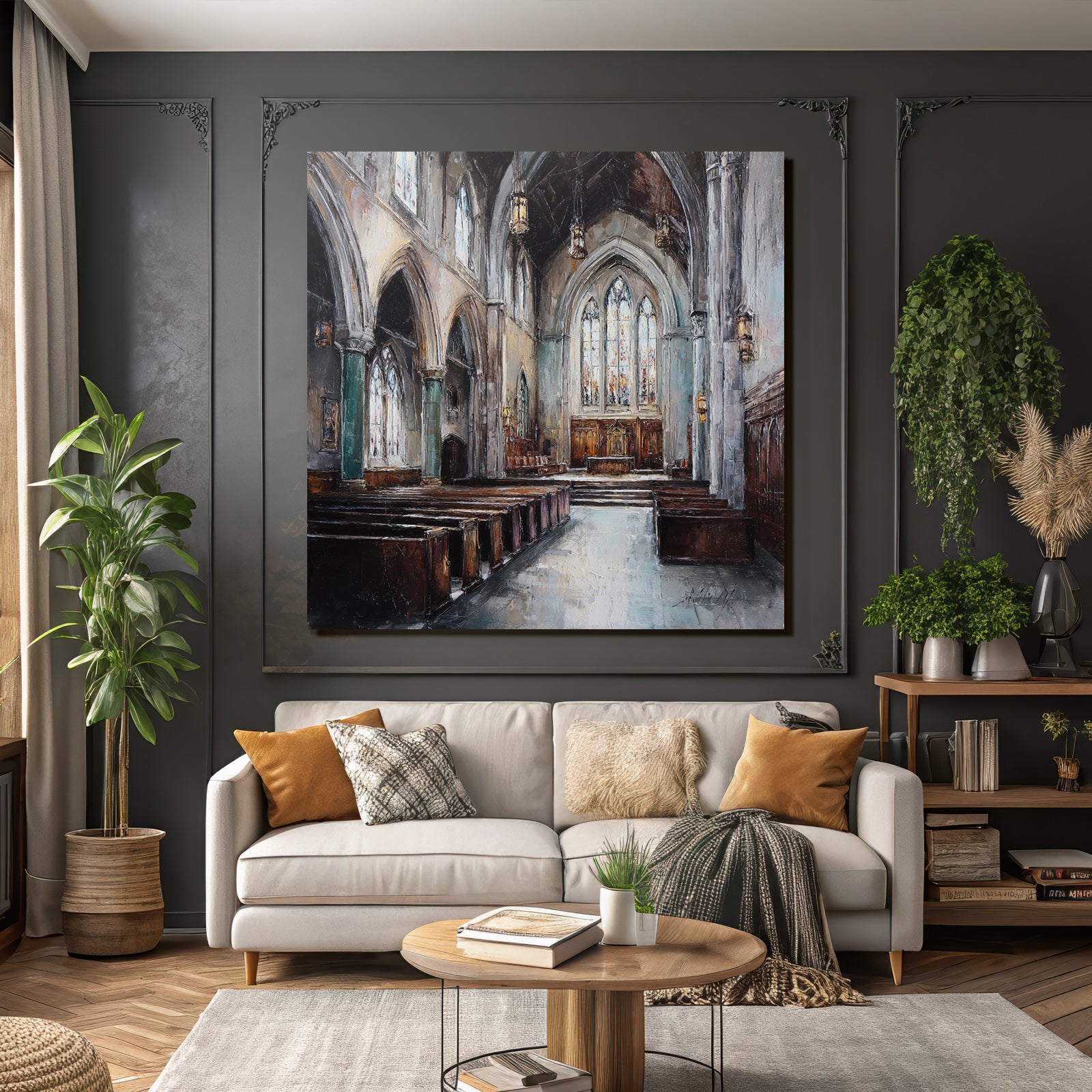 Kircheninneres Hochgewölbte Decke Buntglasfenster Impressionistisch