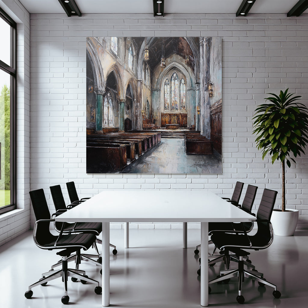Kircheninneres Hochgewölbte Decke Buntglasfenster Impressionistisch
