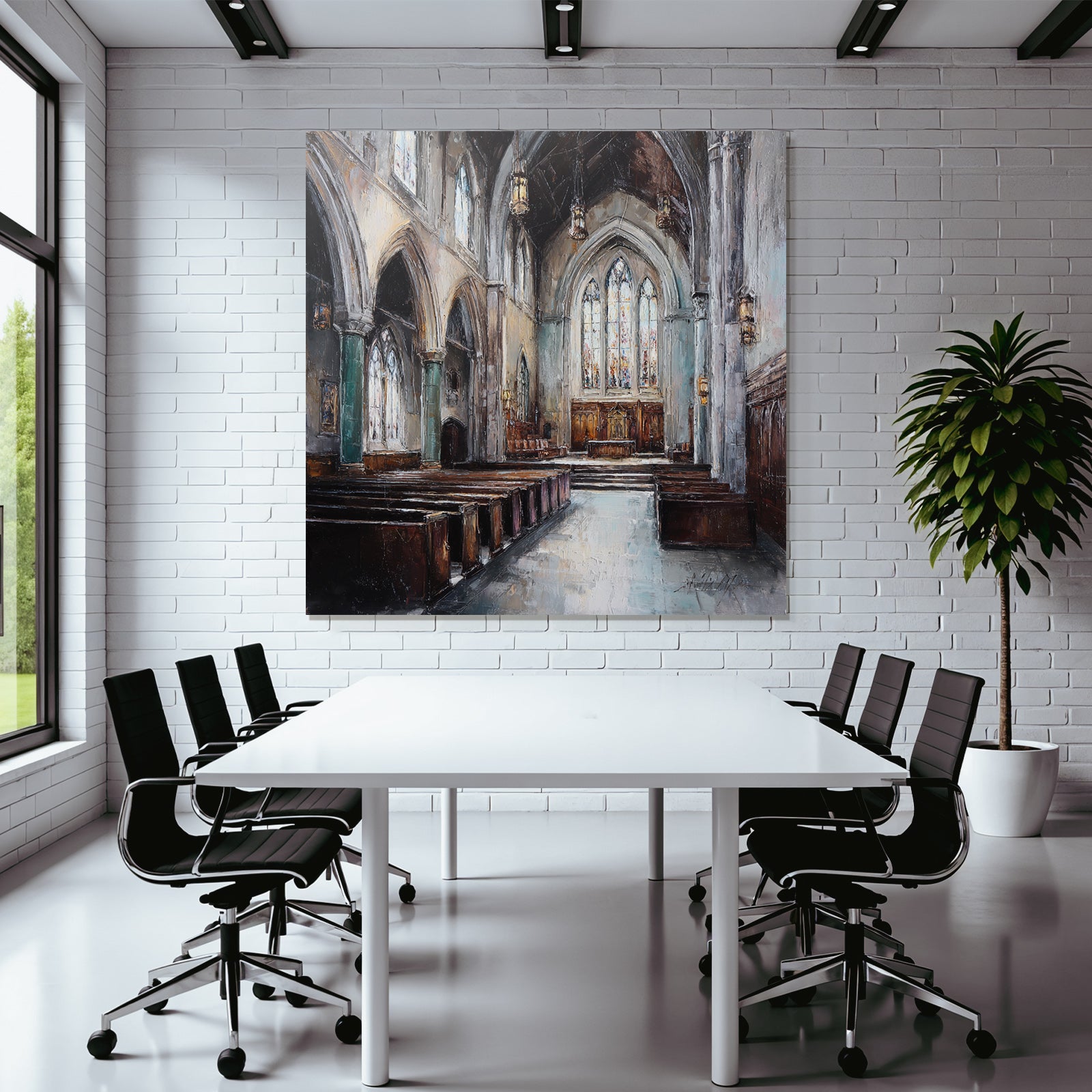 Kircheninneres Hochgewölbte Decke Buntglasfenster Impressionistisch