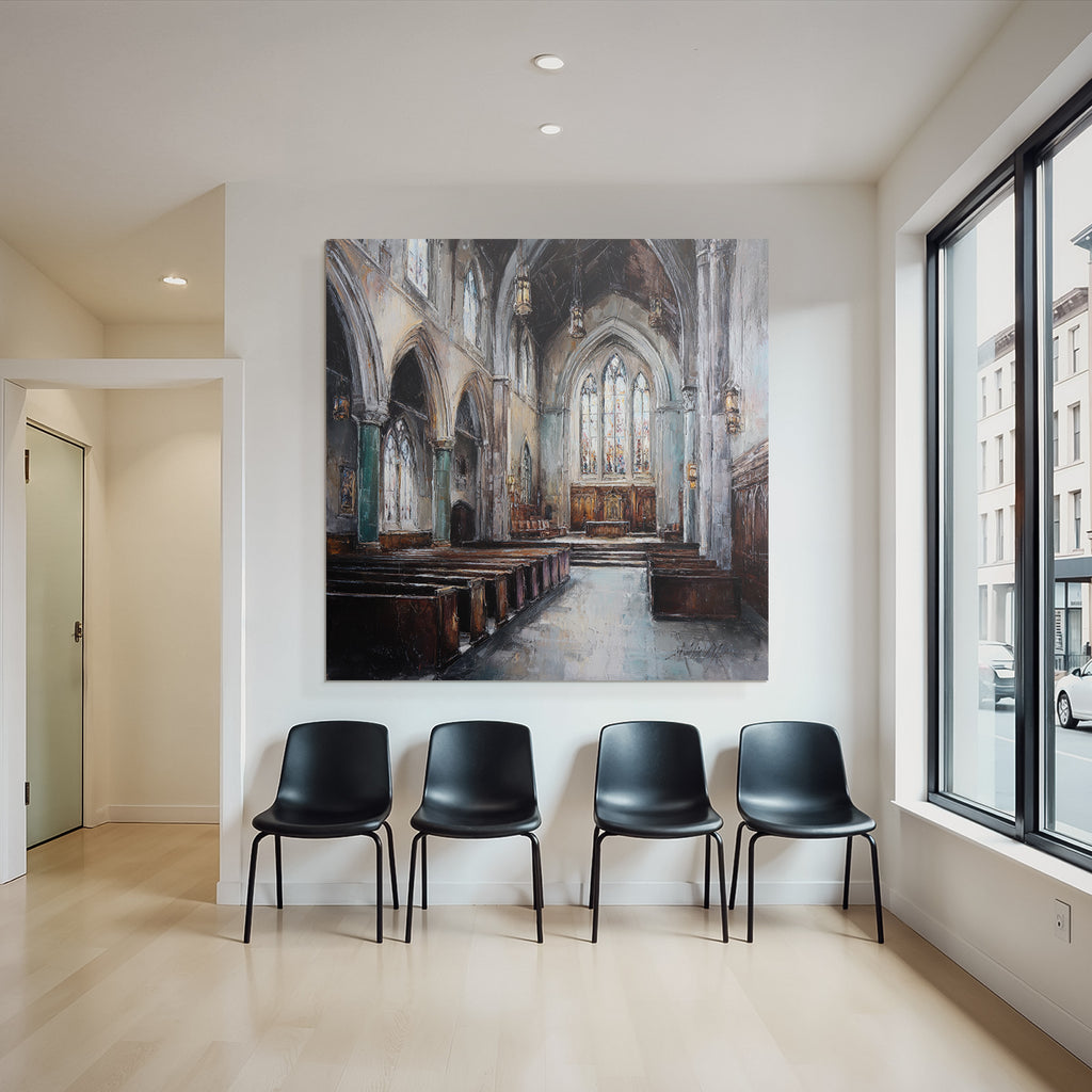 Kircheninneres Hochgewölbte Decke Buntglasfenster Impressionistisch