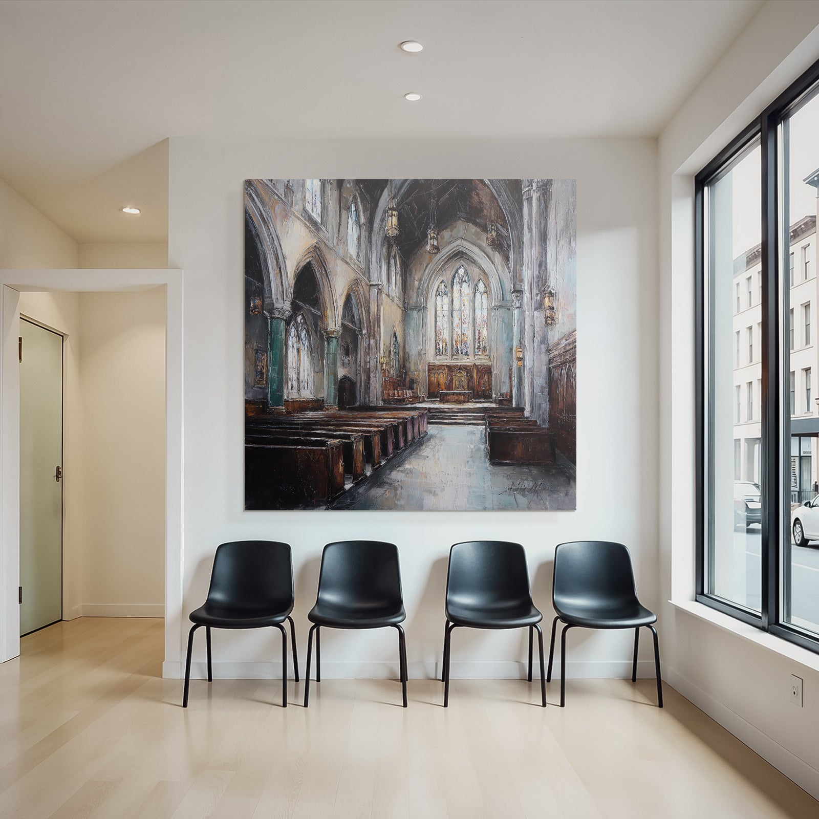 Kircheninneres Hochgewölbte Decke Buntglasfenster Impressionistisch