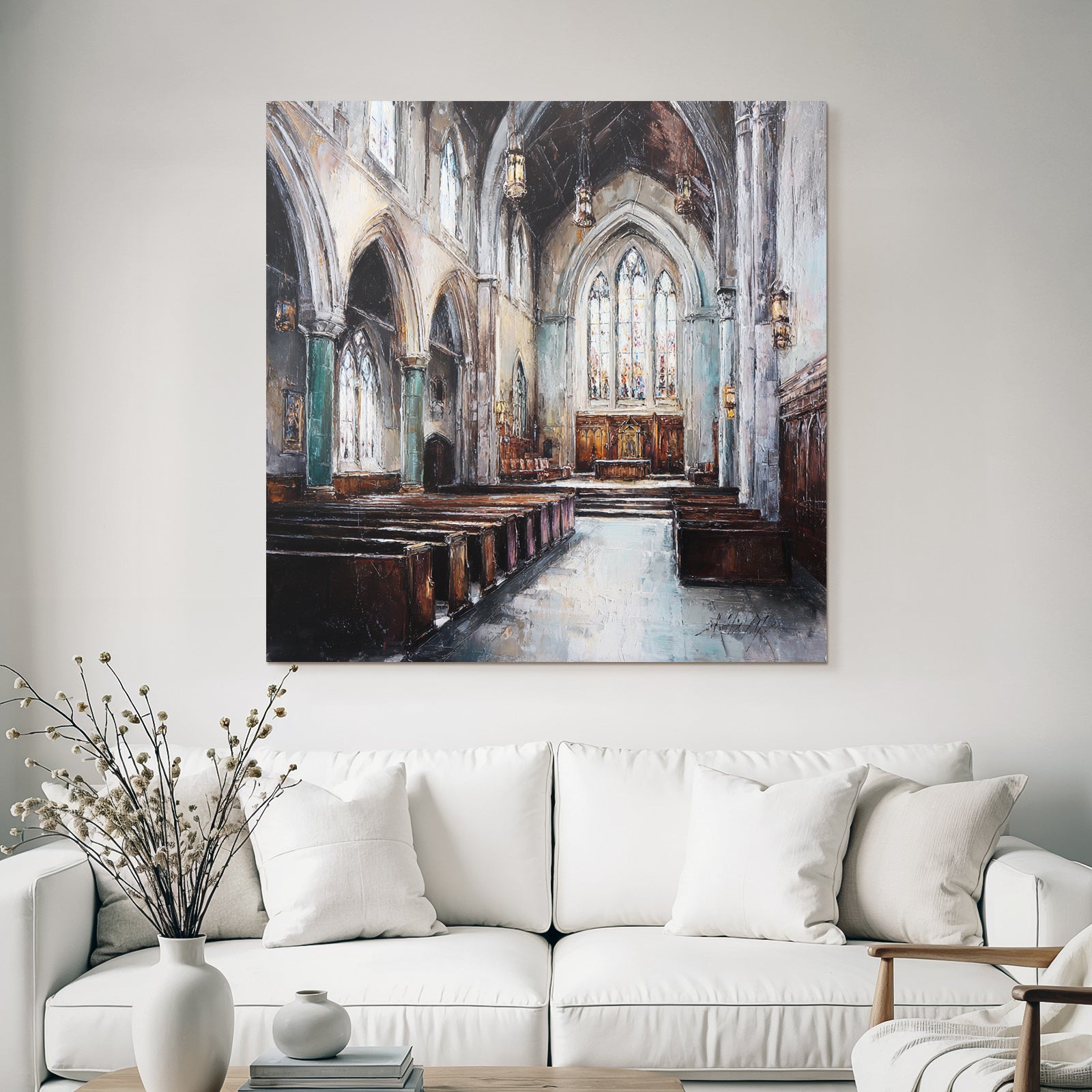 Kircheninneres Hochgewölbte Decke Buntglasfenster Impressionistisch