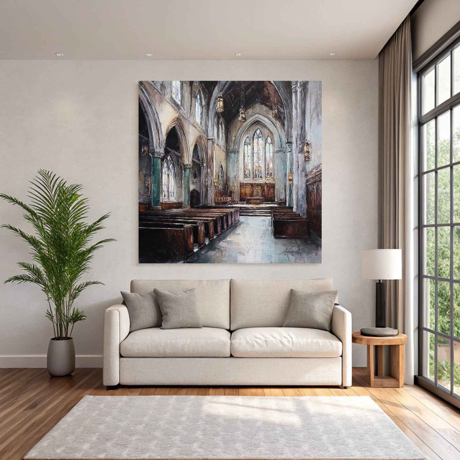 Kircheninneres Hochgewölbte Decke Buntglasfenster Impressionistisch