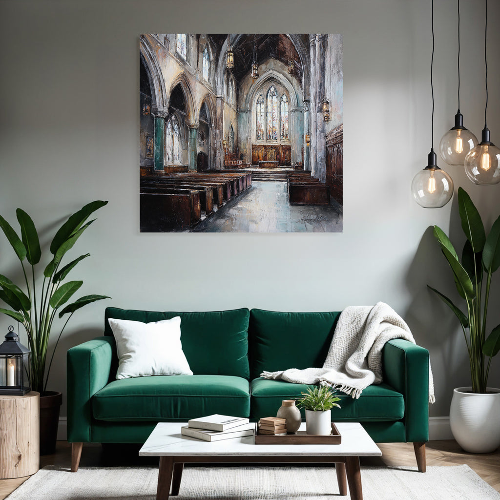 Kircheninneres Hochgewölbte Decke Buntglasfenster Impressionistisch