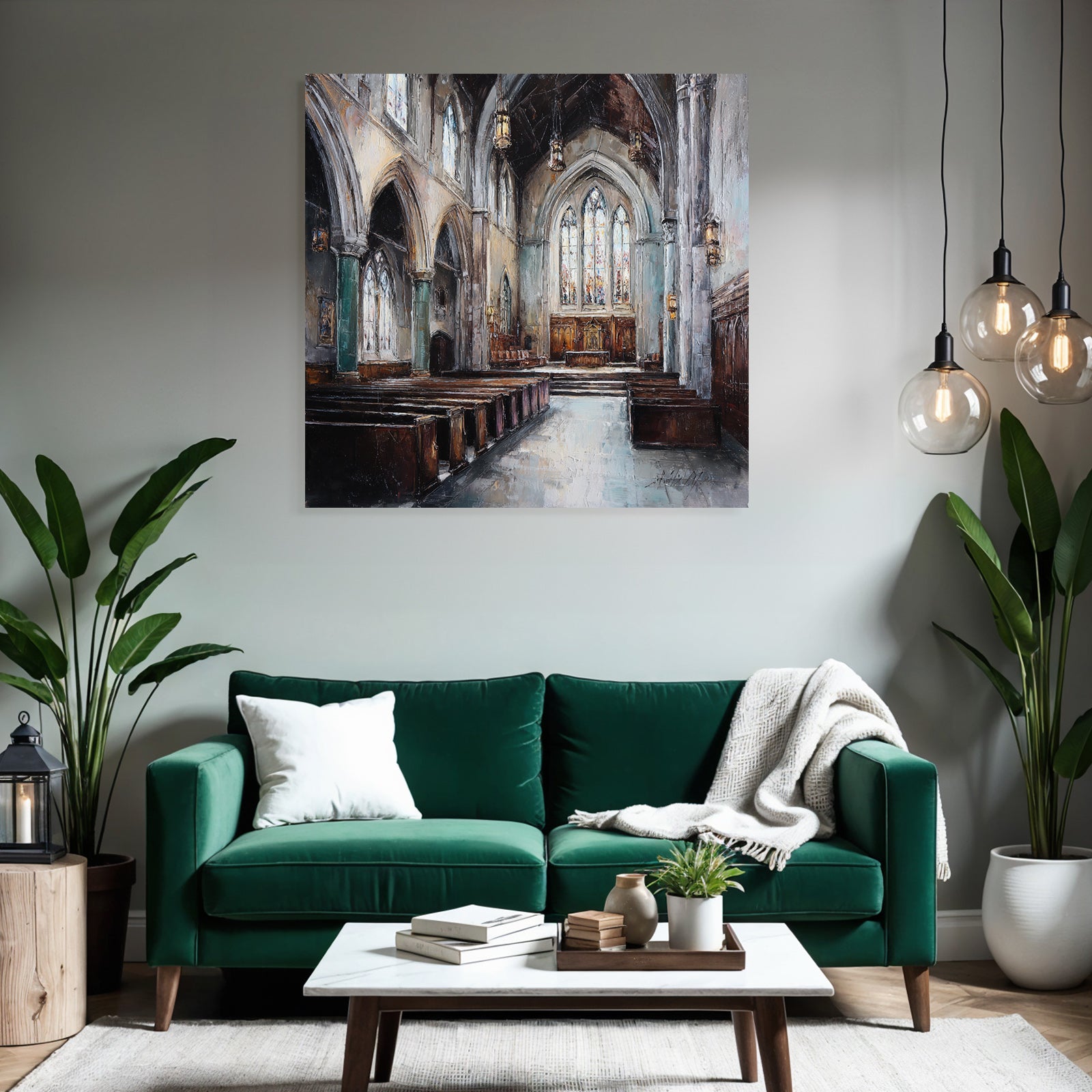 Kircheninneres Hochgewölbte Decke Buntglasfenster Impressionistisch