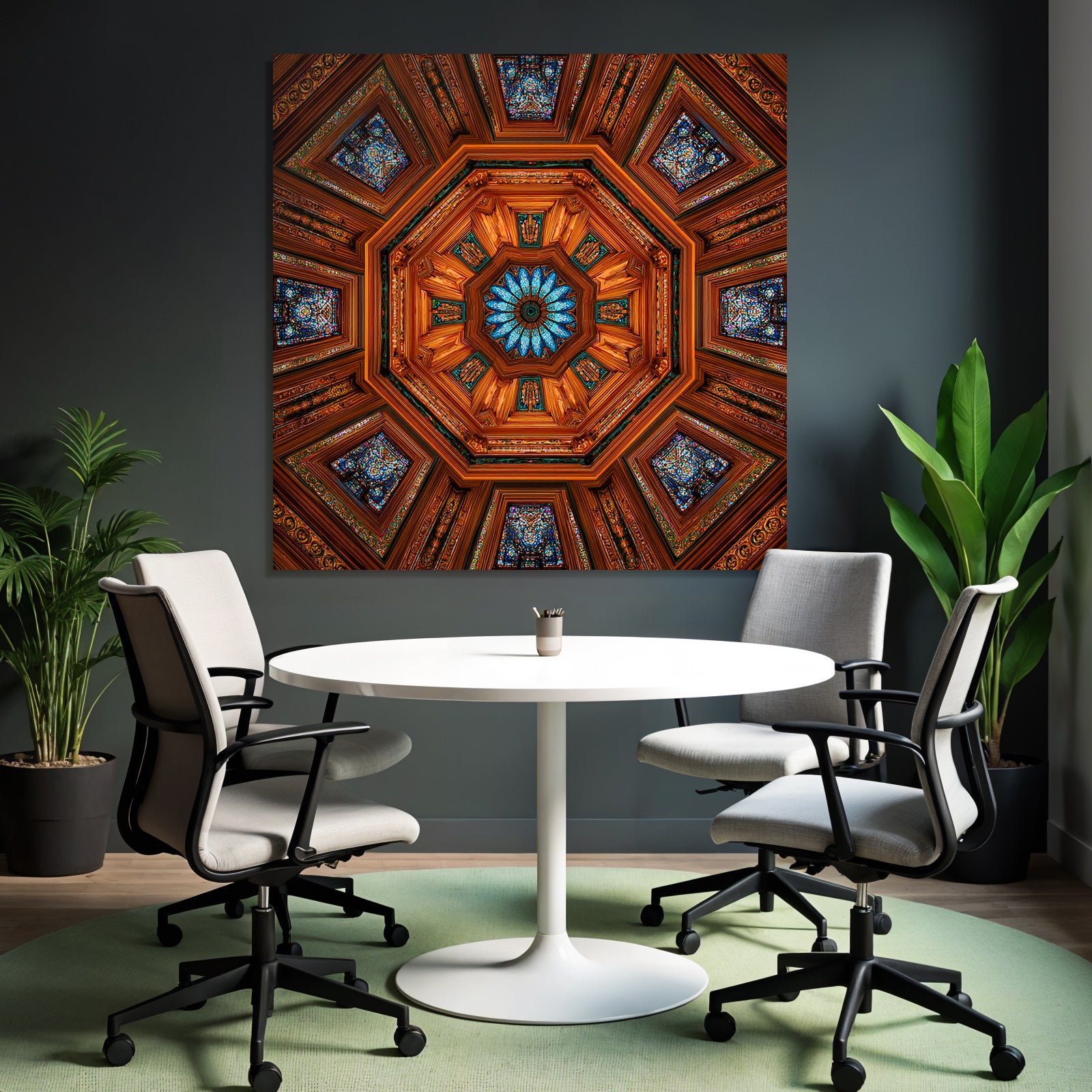 Ornate Decke Symmetrisches Oktagonale Design Mit Eleganten Holzdetails Und Buntem Glas