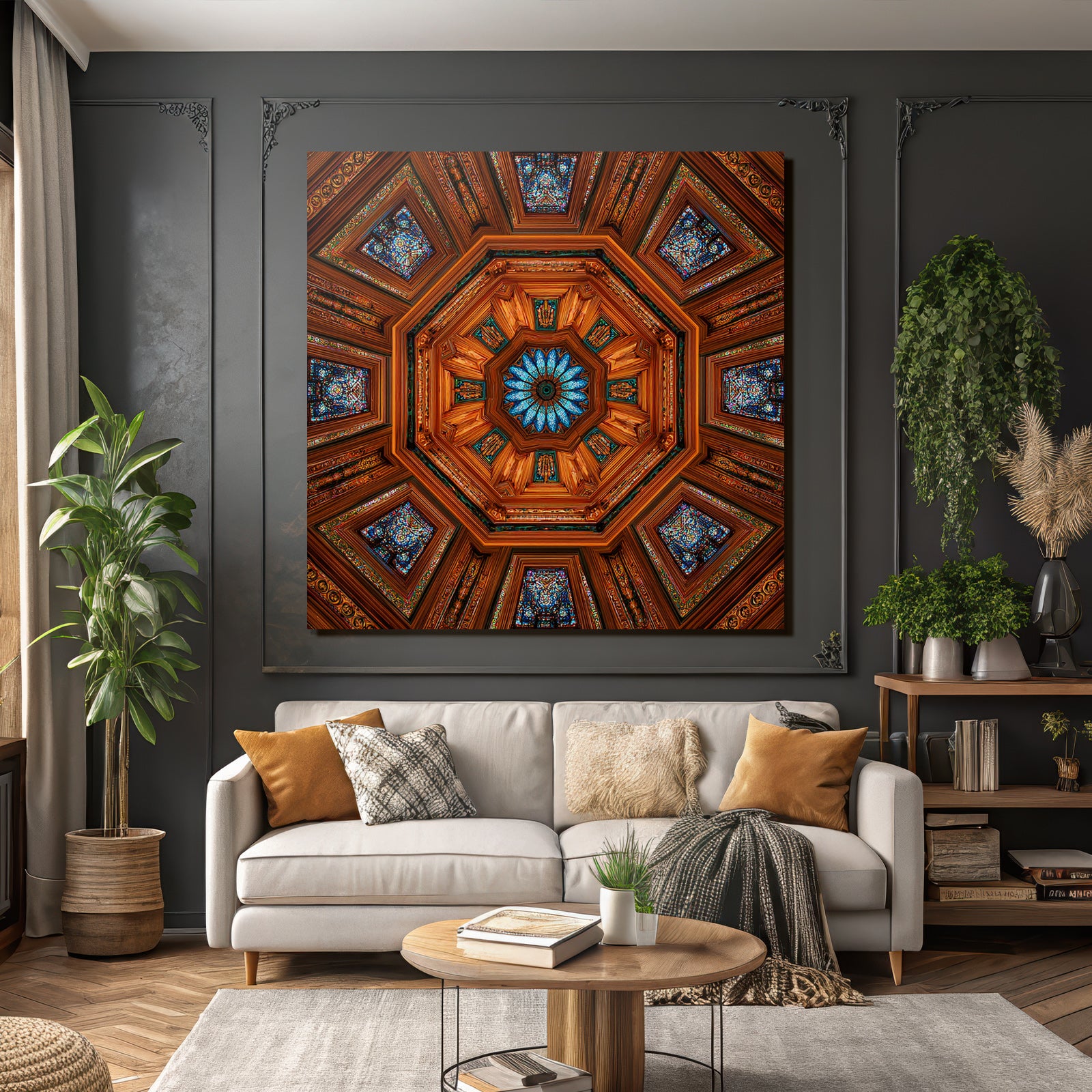 Ornate Decke Symmetrisches Oktagonale Design Mit Eleganten Holzdetails Und Buntem Glas