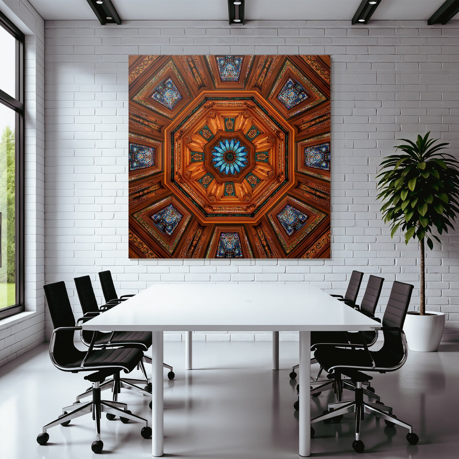 Ornate Decke Symmetrisches Oktagonale Design Mit Eleganten Holzdetails Und Buntem Glas