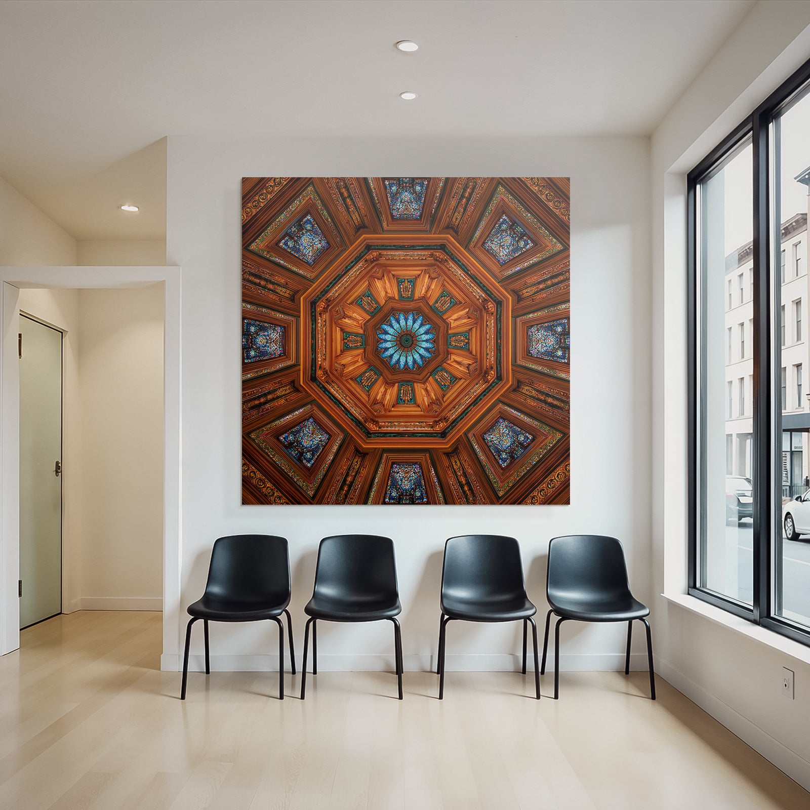 Ornate Decke Symmetrisches Oktagonale Design Mit Eleganten Holzdetails Und Buntem Glas