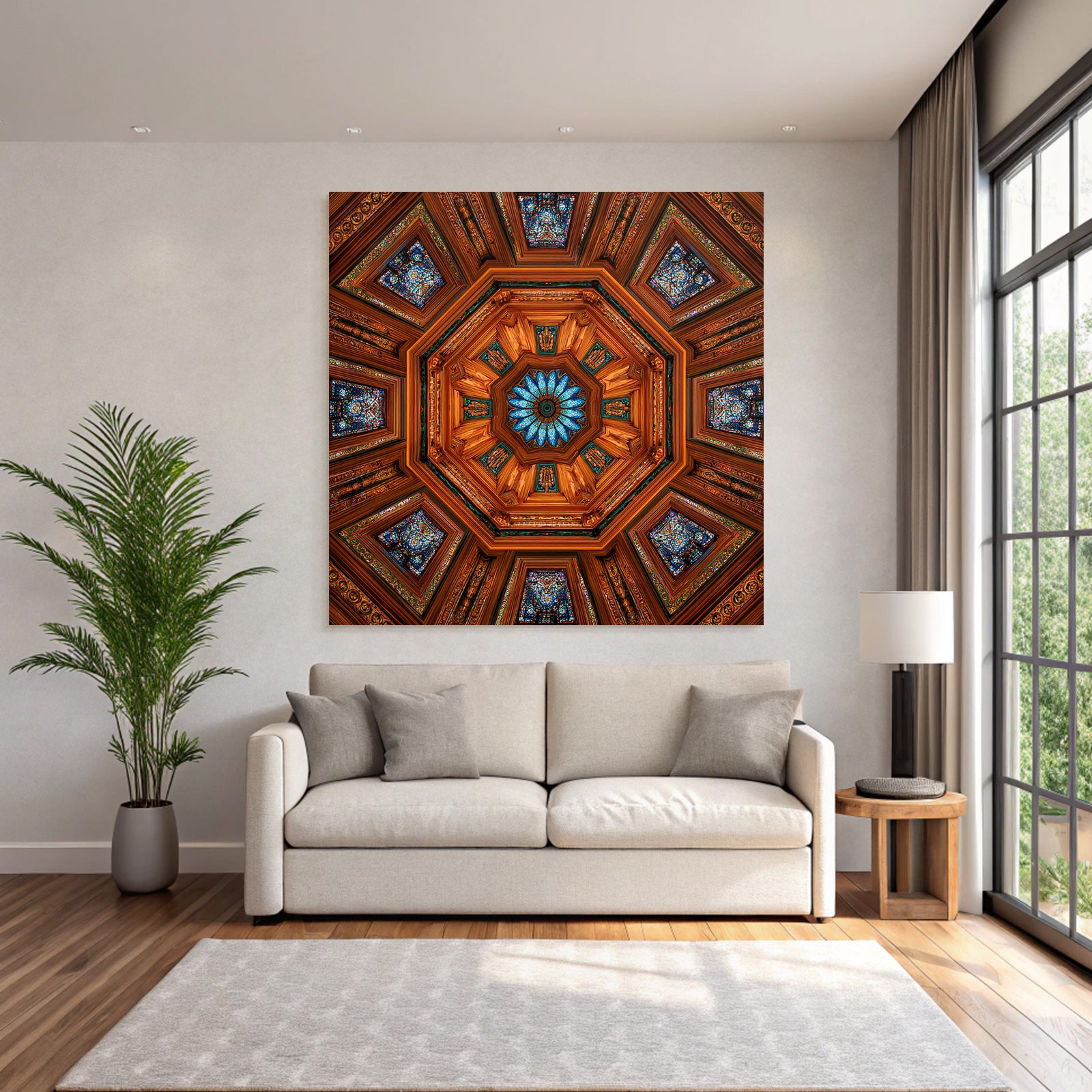 Ornate Decke Symmetrisches Oktagonale Design Mit Eleganten Holzdetails Und Buntem Glas
