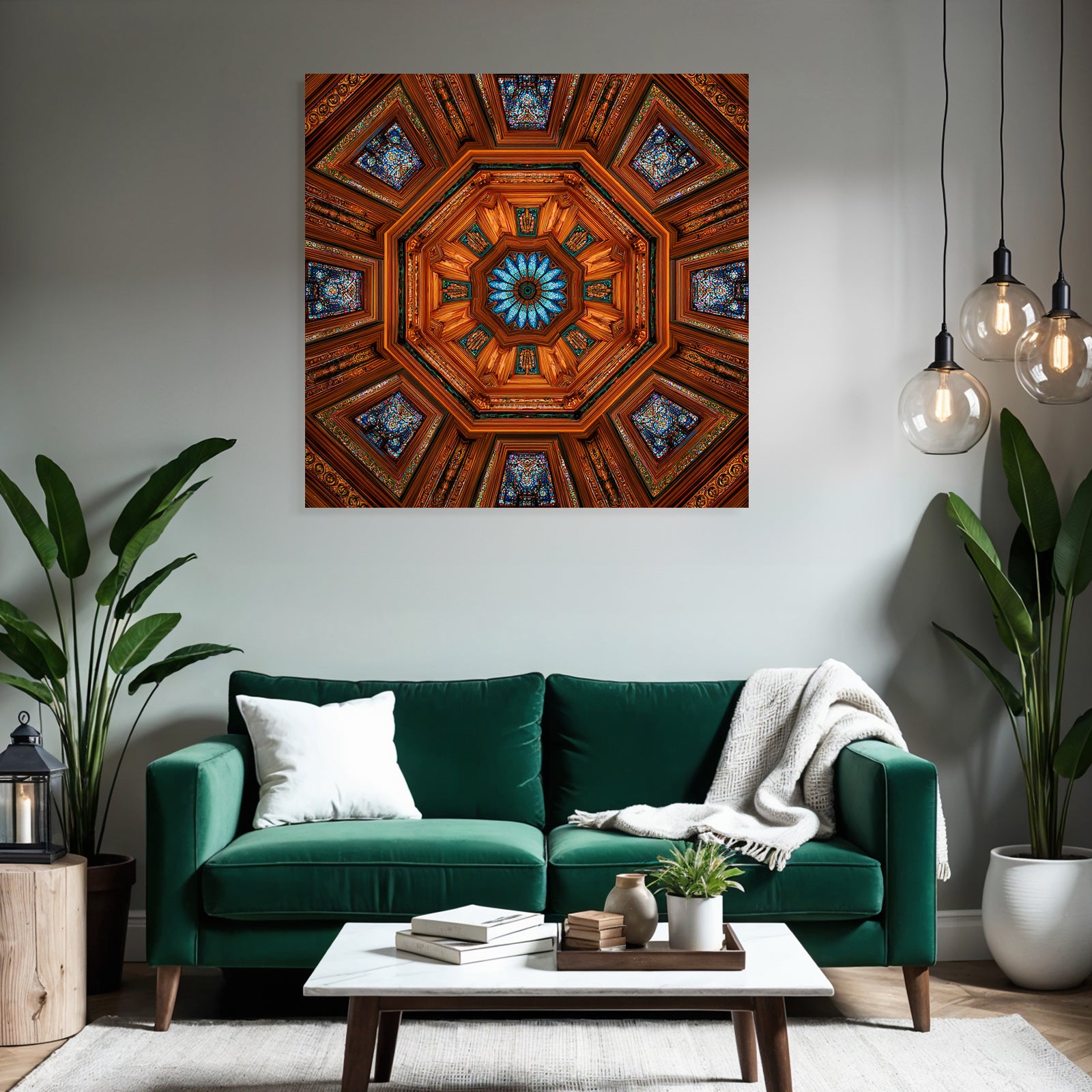 Ornate Decke Symmetrisches Oktagonale Design Mit Eleganten Holzdetails Und Buntem Glas