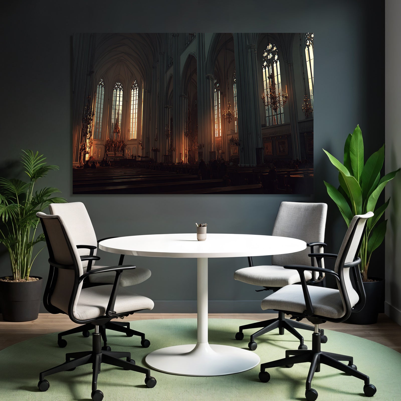 Moderne Grosse Kirche Innenansicht Mit Buntglasfenstern Chandeliers