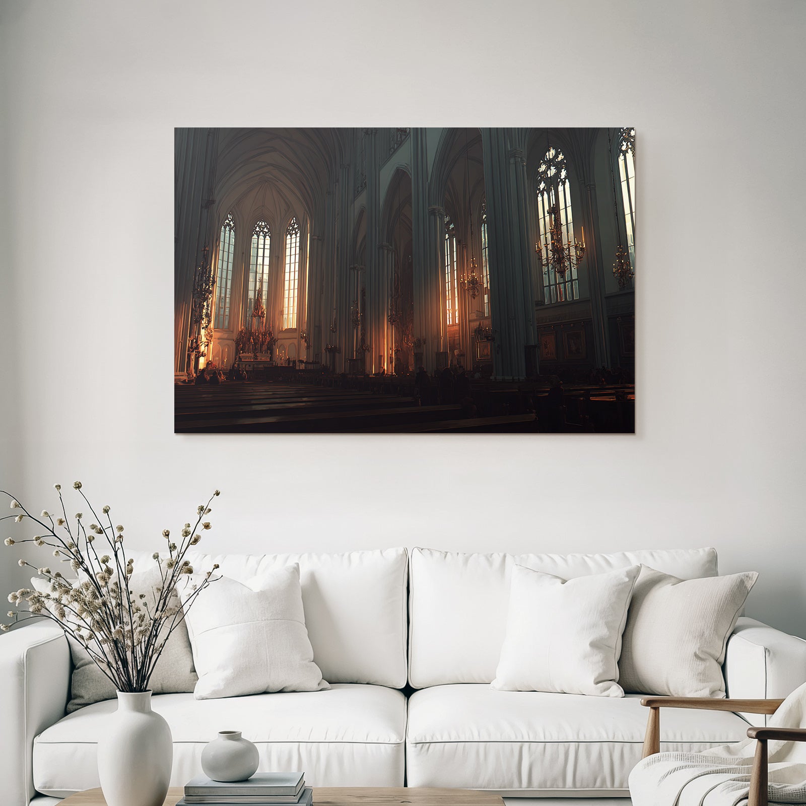 Moderne Grosse Kirche Innenansicht Mit Buntglasfenstern Chandeliers