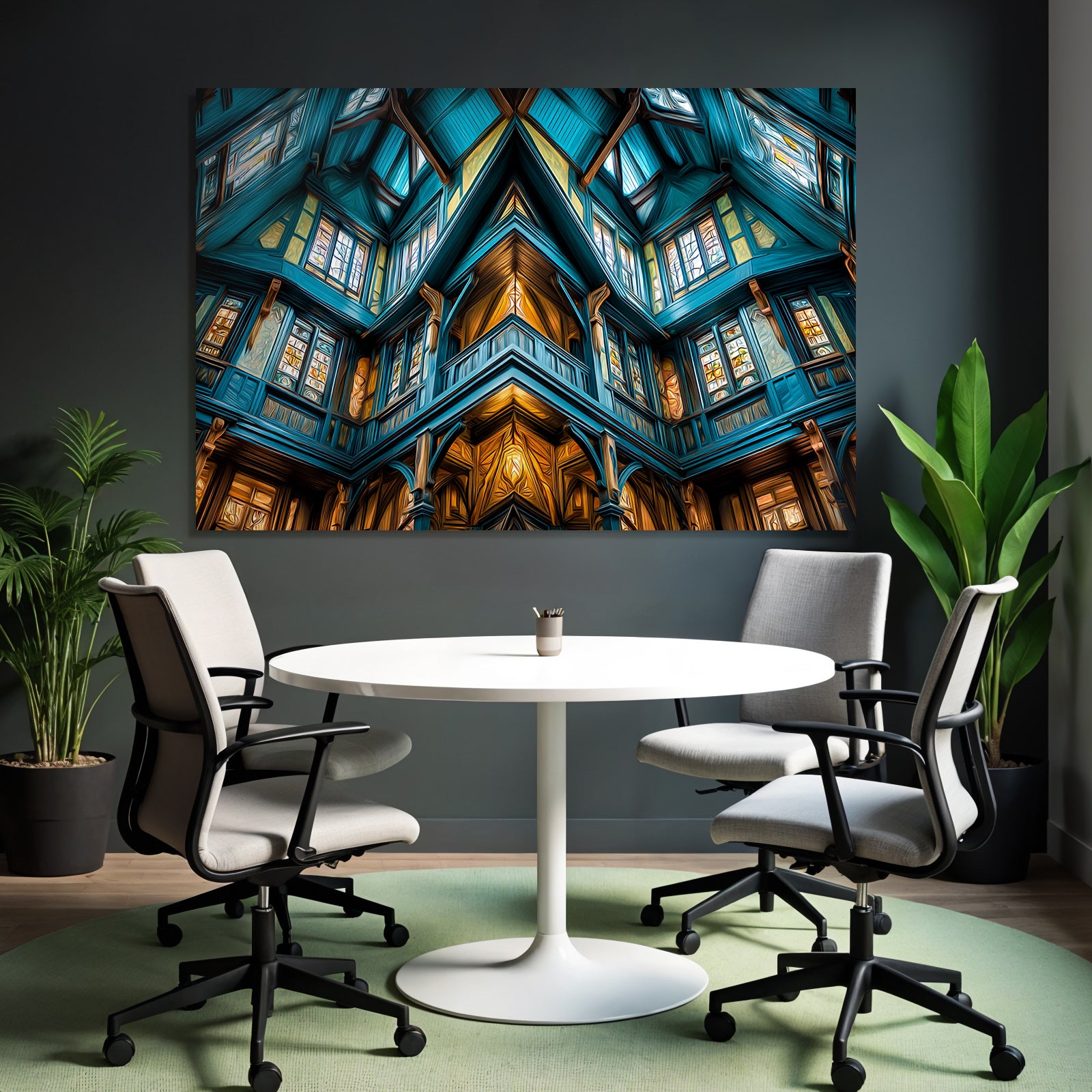 Moderne Intrikates Innenraum Mit Holzbalken Grossen Fenstern Vibranter Farbenpalette