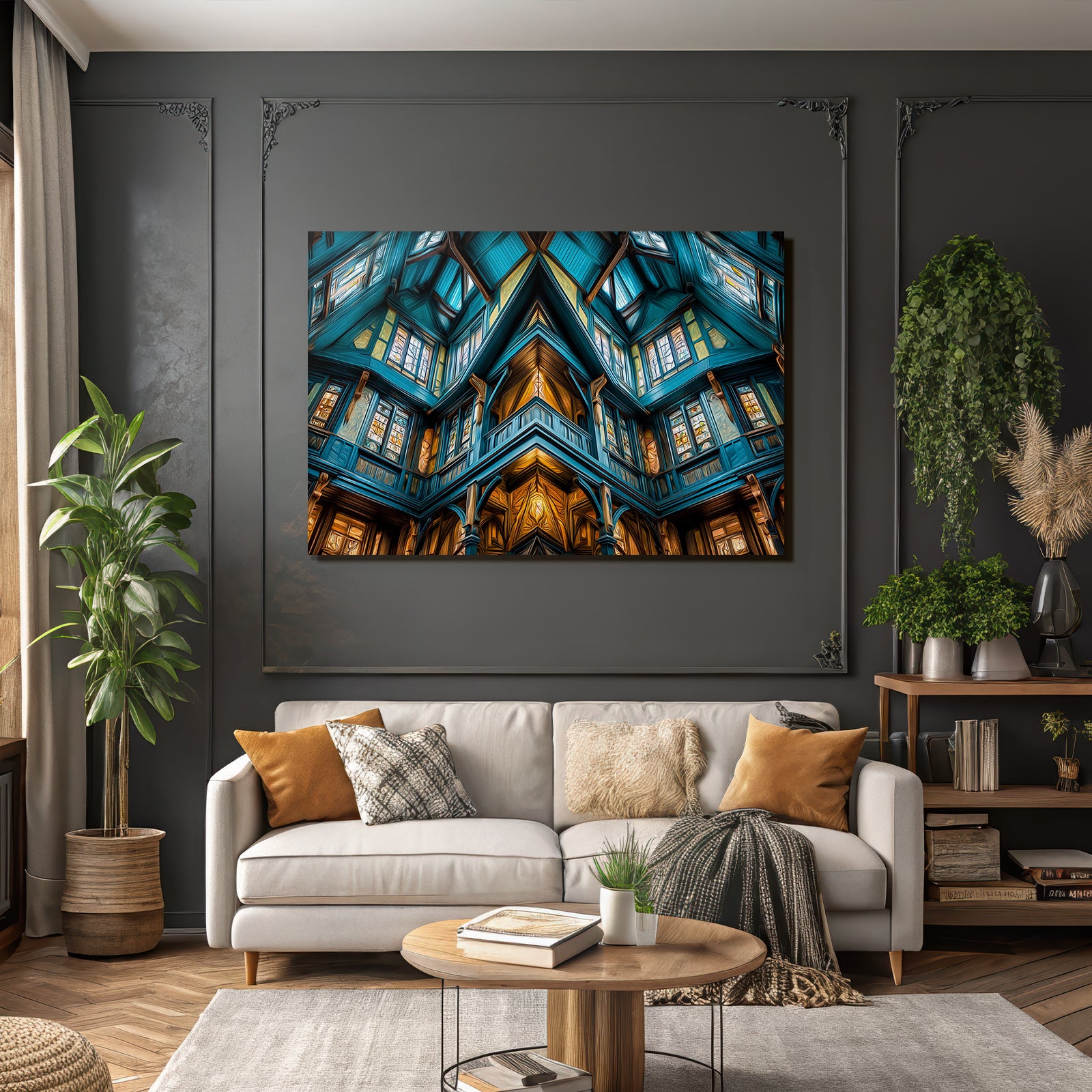 Moderne Intrikates Innenraum Mit Holzbalken Grossen Fenstern Vibranter Farbenpalette