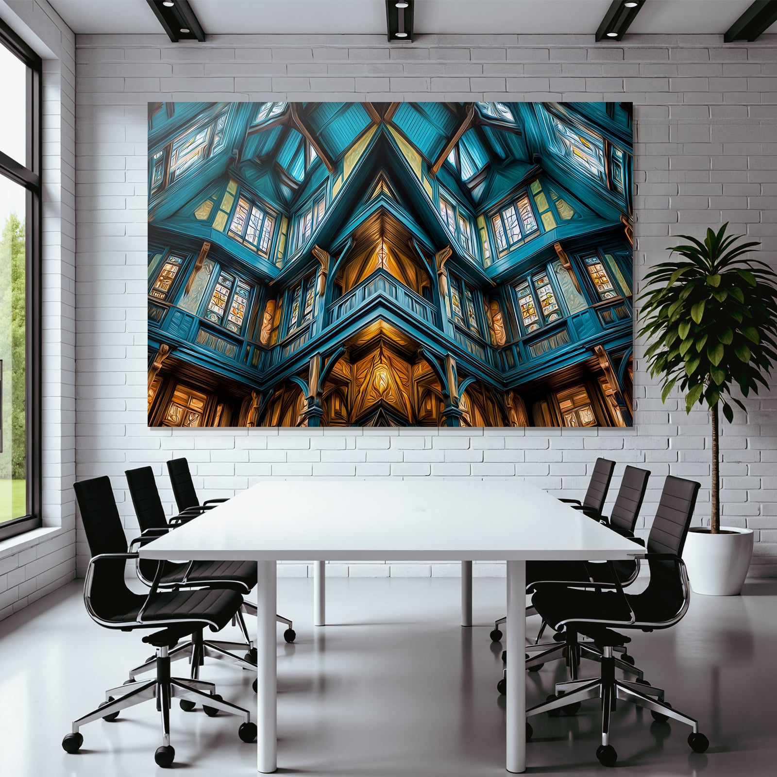 Moderne Intrikates Innenraum Mit Holzbalken Grossen Fenstern Vibranter Farbenpalette