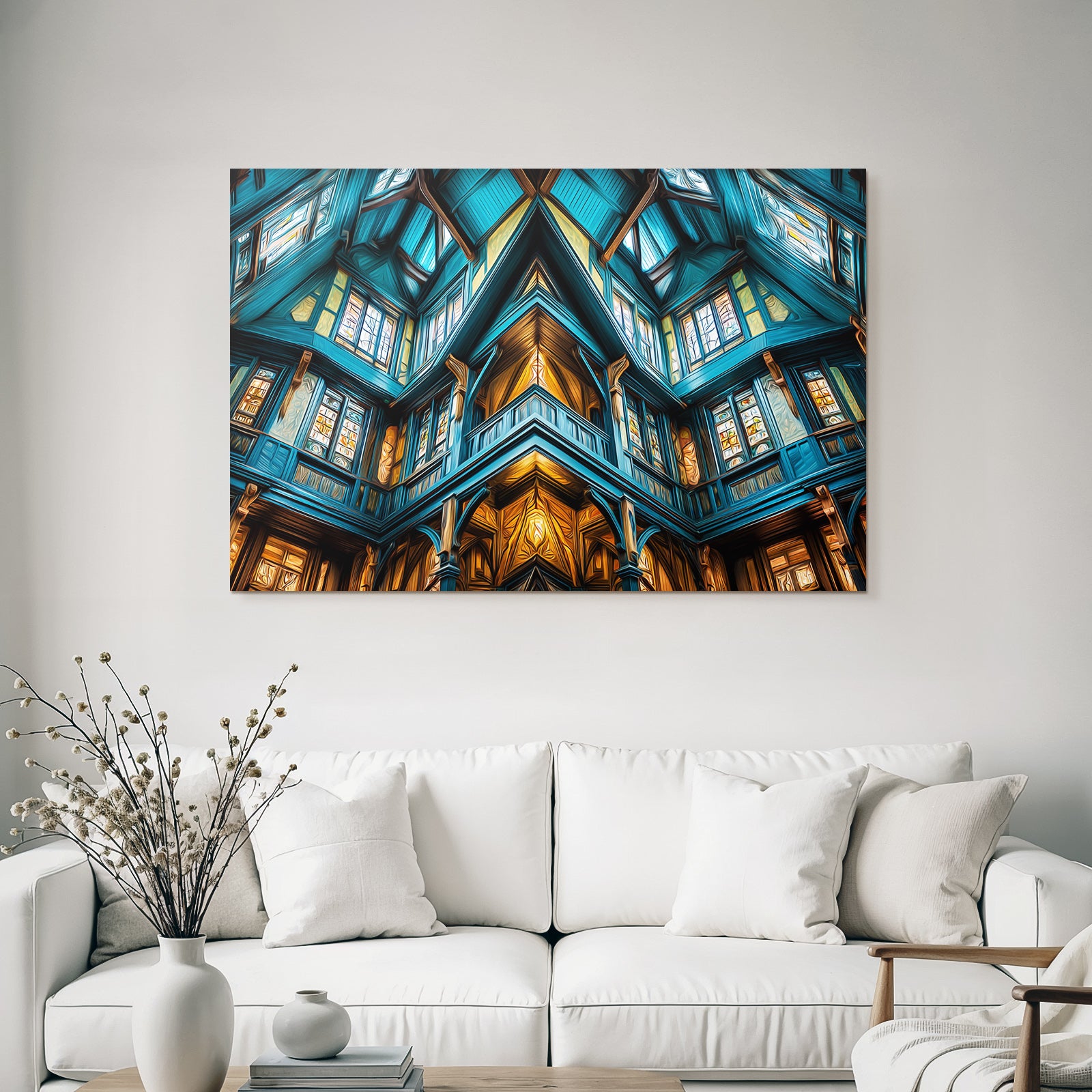 Moderne Intrikates Innenraum Mit Holzbalken Grossen Fenstern Vibranter Farbenpalette