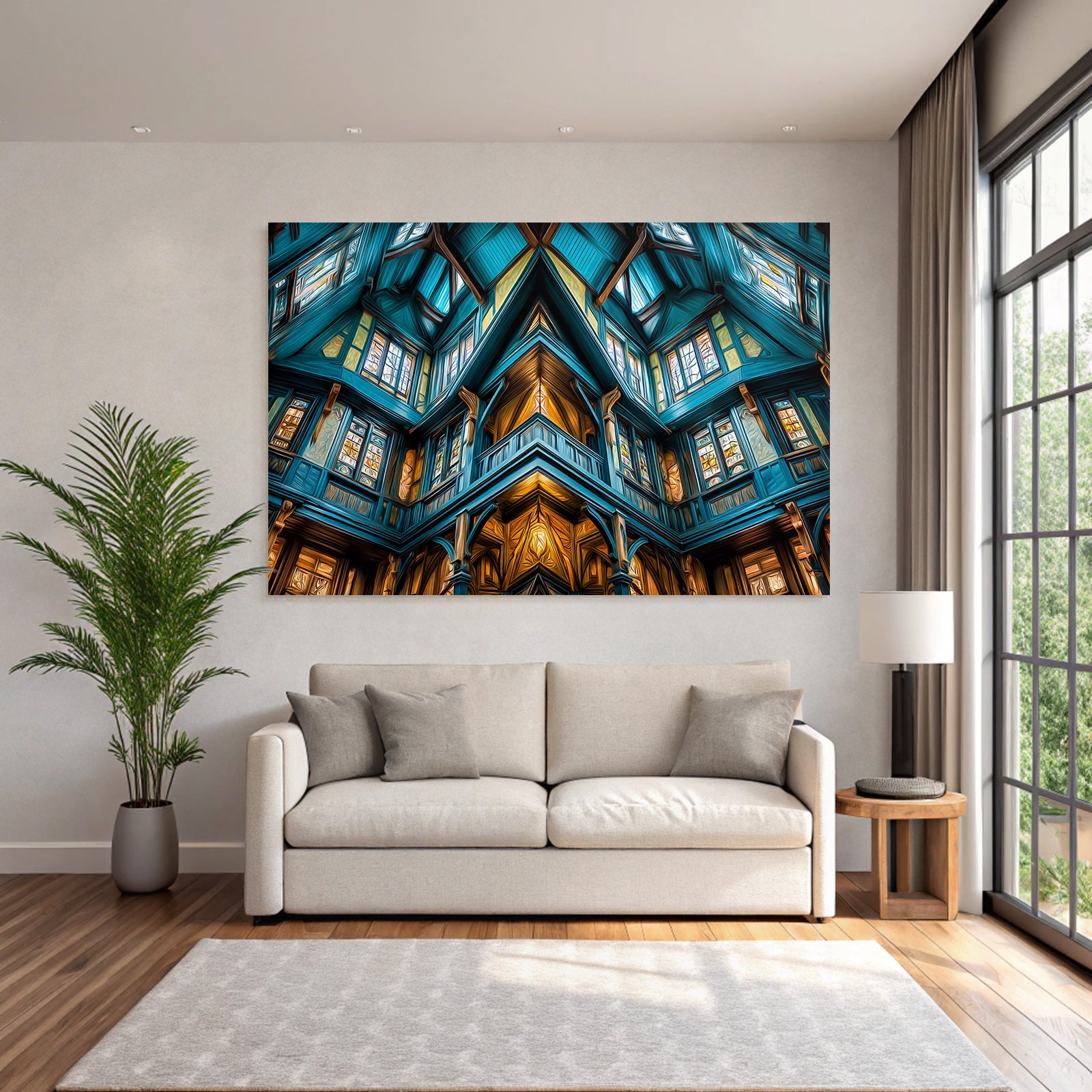 Moderne Intrikates Innenraum Mit Holzbalken Grossen Fenstern Vibranter Farbenpalette