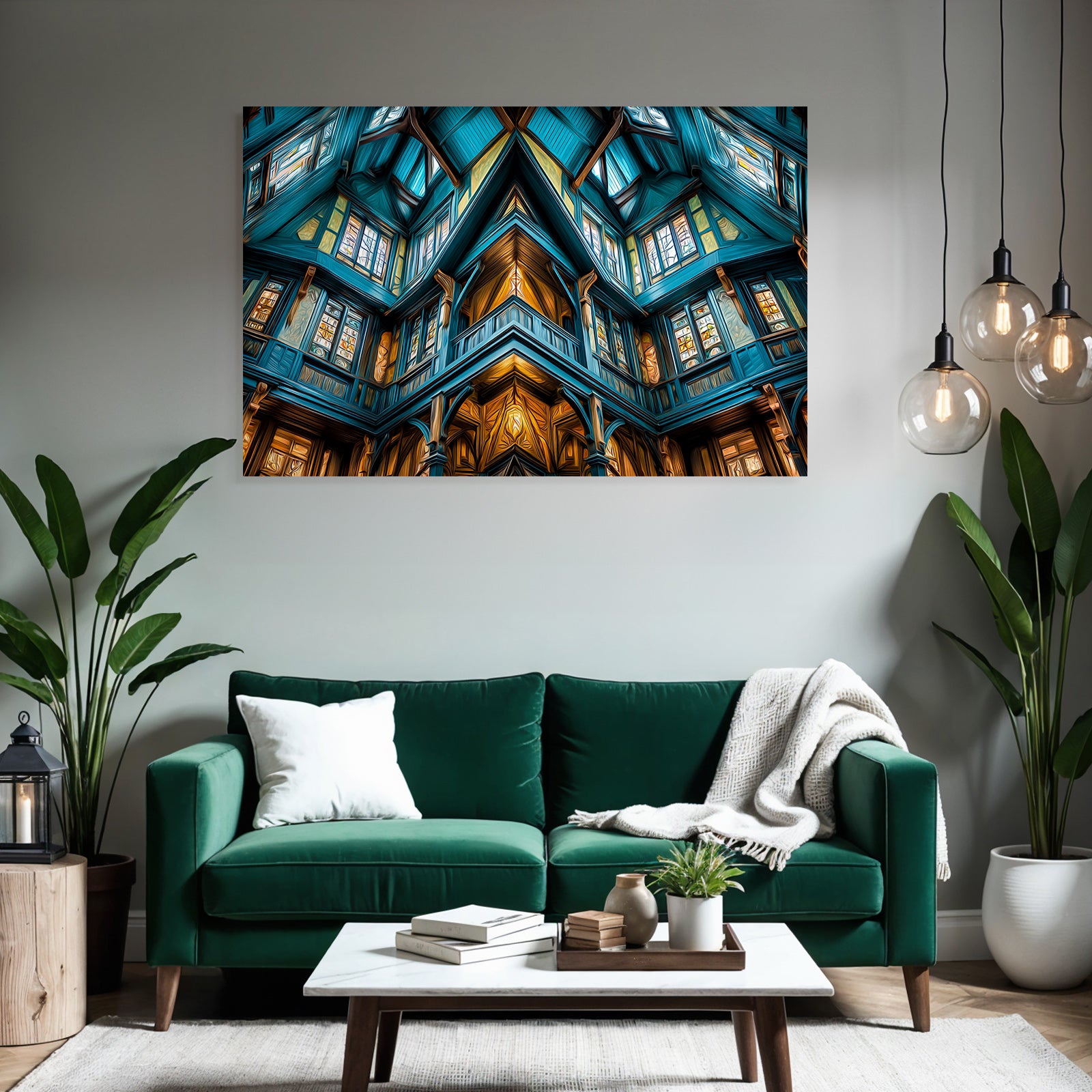 Moderne Intrikates Innenraum Mit Holzbalken Grossen Fenstern Vibranter Farbenpalette