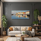 Seaside Scene Marina Boats Colorful Buildings Reflection Impressionistic Style