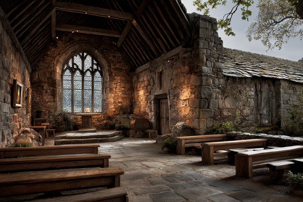 Alte Steinstruktur Kapelle Mit Buntglasfenster Holzbalkendecke | Sakrale Bauten | Architektur