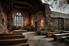 Alte Steinstruktur Kapelle Mit Buntglasfenster Holzbalkendecke | Sakrale Bauten | Architektur