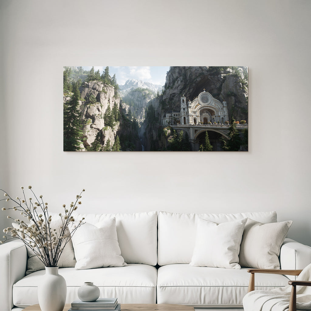 Atemberaubende Szenenlandschaft Kirche Im Gebirge Mit Schneebedeckten Bergen Und Fluss