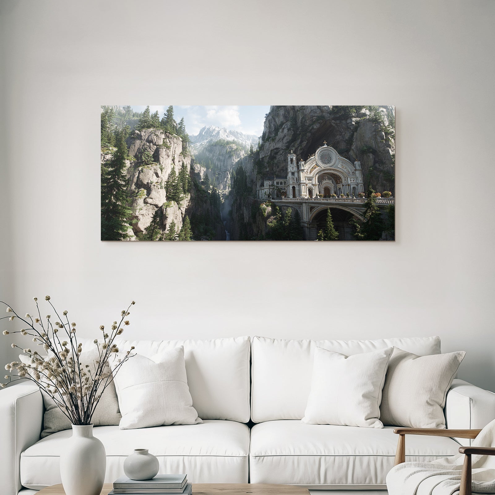 Atemberaubende Szenenlandschaft Kirche Im Gebirge Mit Schneebedeckten Bergen Und Fluss