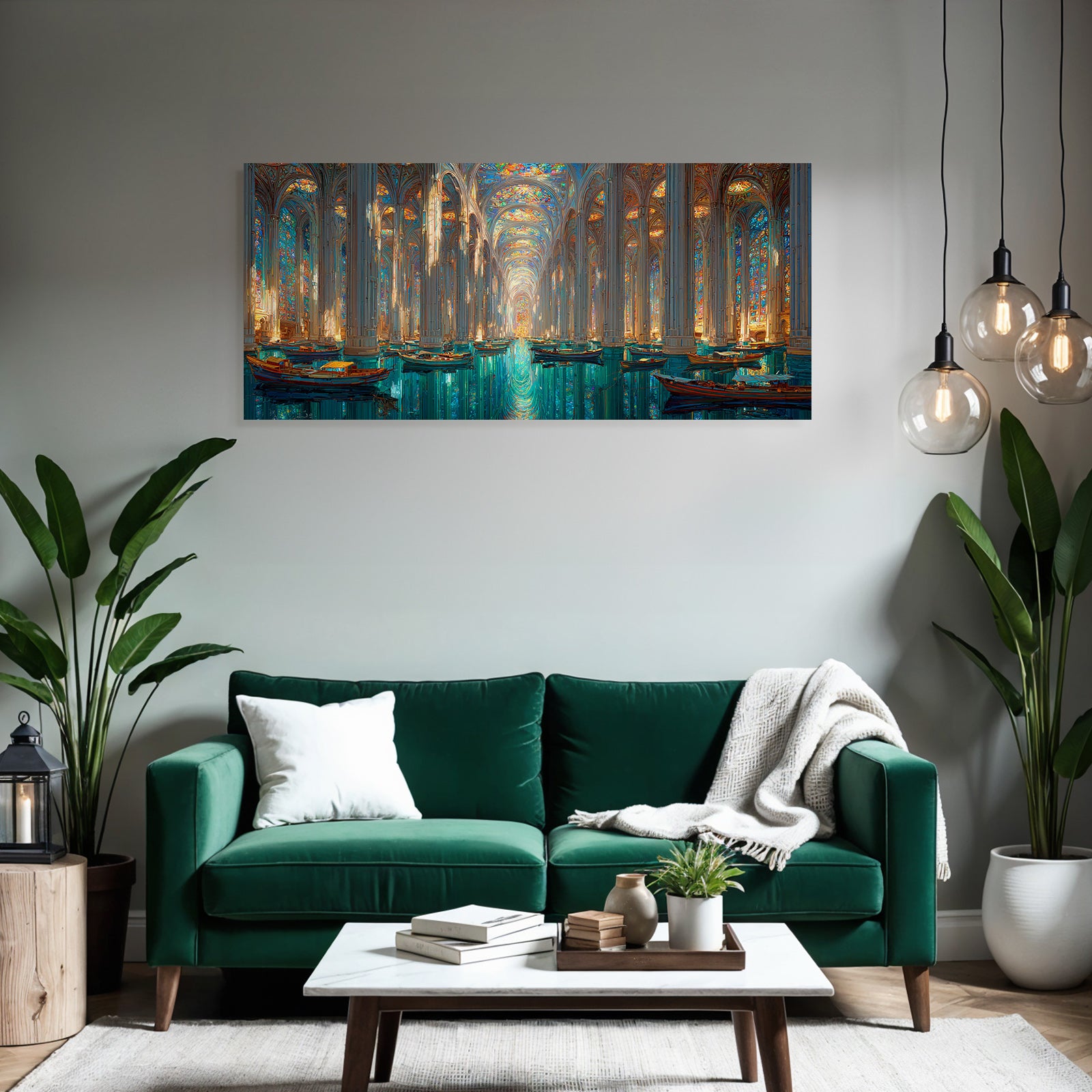 Fantastischer Innenraum Kathedrale Strahlendes Licht Bunte Fenster Reflexionen