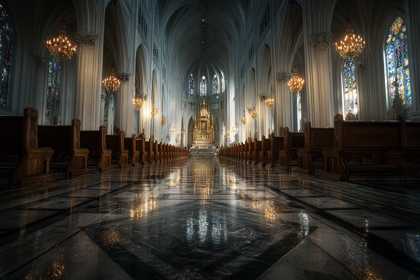 Grand Kirche Innenansicht Mit Stillvollem Und Glasfenstern | Sakrale Bauten | Architektur