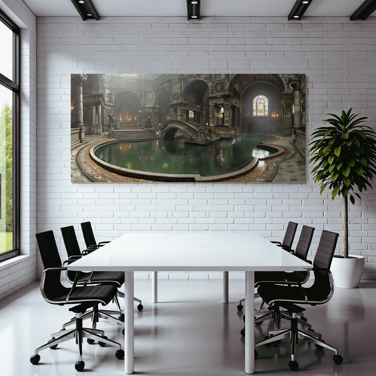 Grandiose Innenraum Mit Wasser Feature Und Brücke