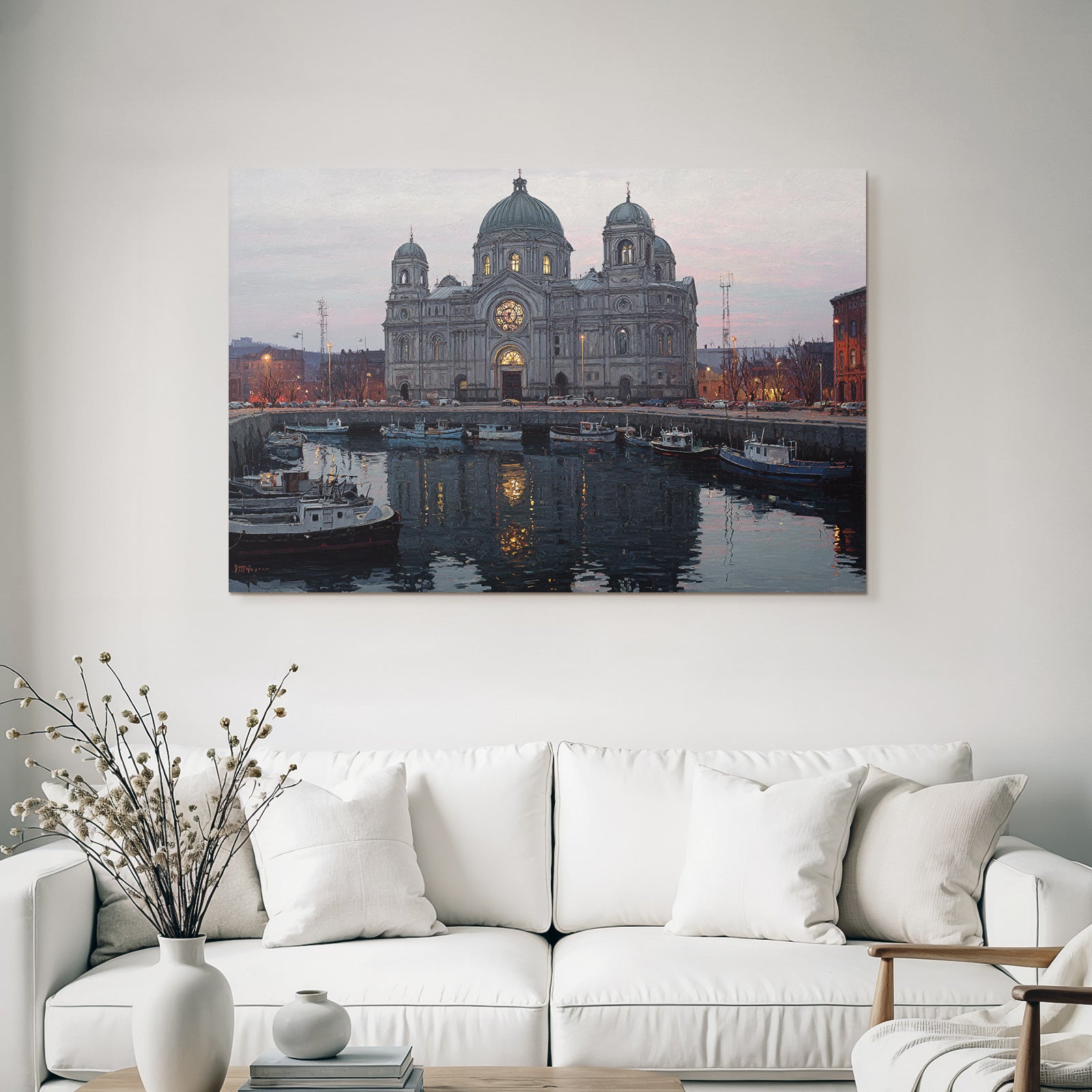 Hafen Szenen Bei Dämmerung Mit Kirche Und Booten