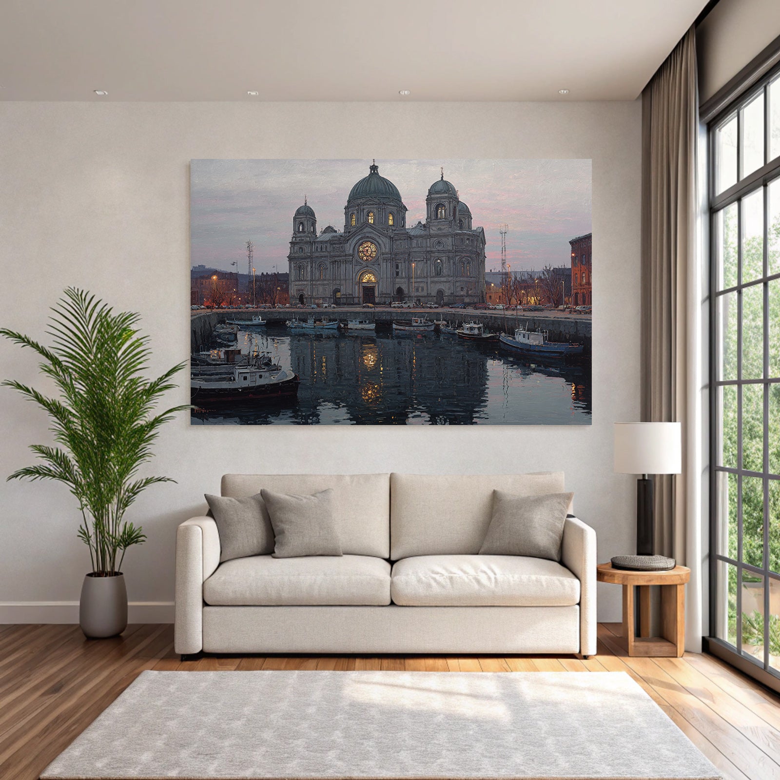 Hafen Szenen Bei Dämmerung Mit Kirche Und Booten