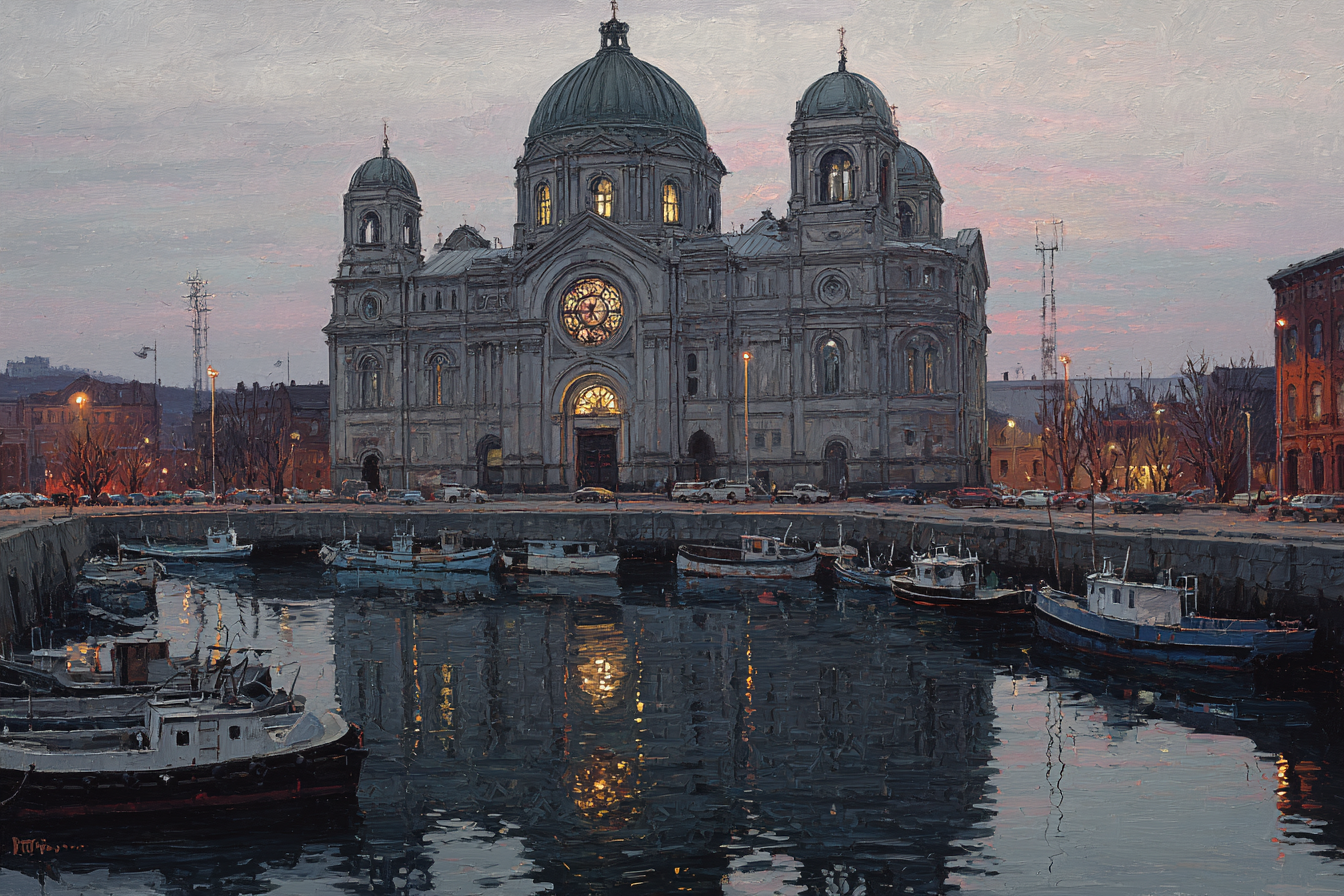 Hafen Szenen Bei Dämmerung Mit Kirche Und Booten | Sakrale Bauten | Architektur