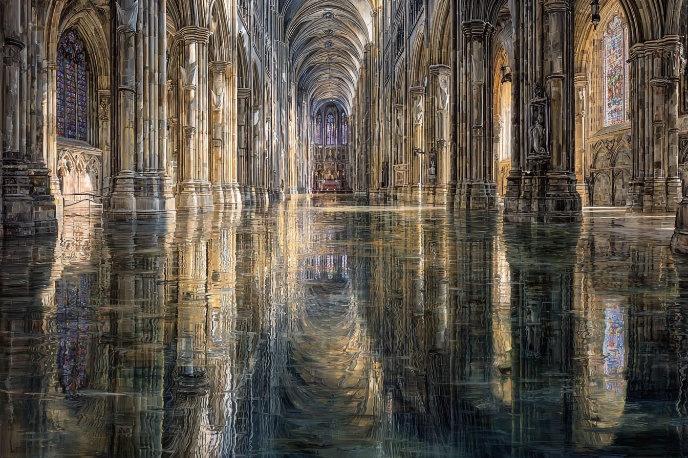 Kathedral Innenraum Mit Buntem Verglasung Und Wasser Reflexion | Sakrale Bauten | Architektur