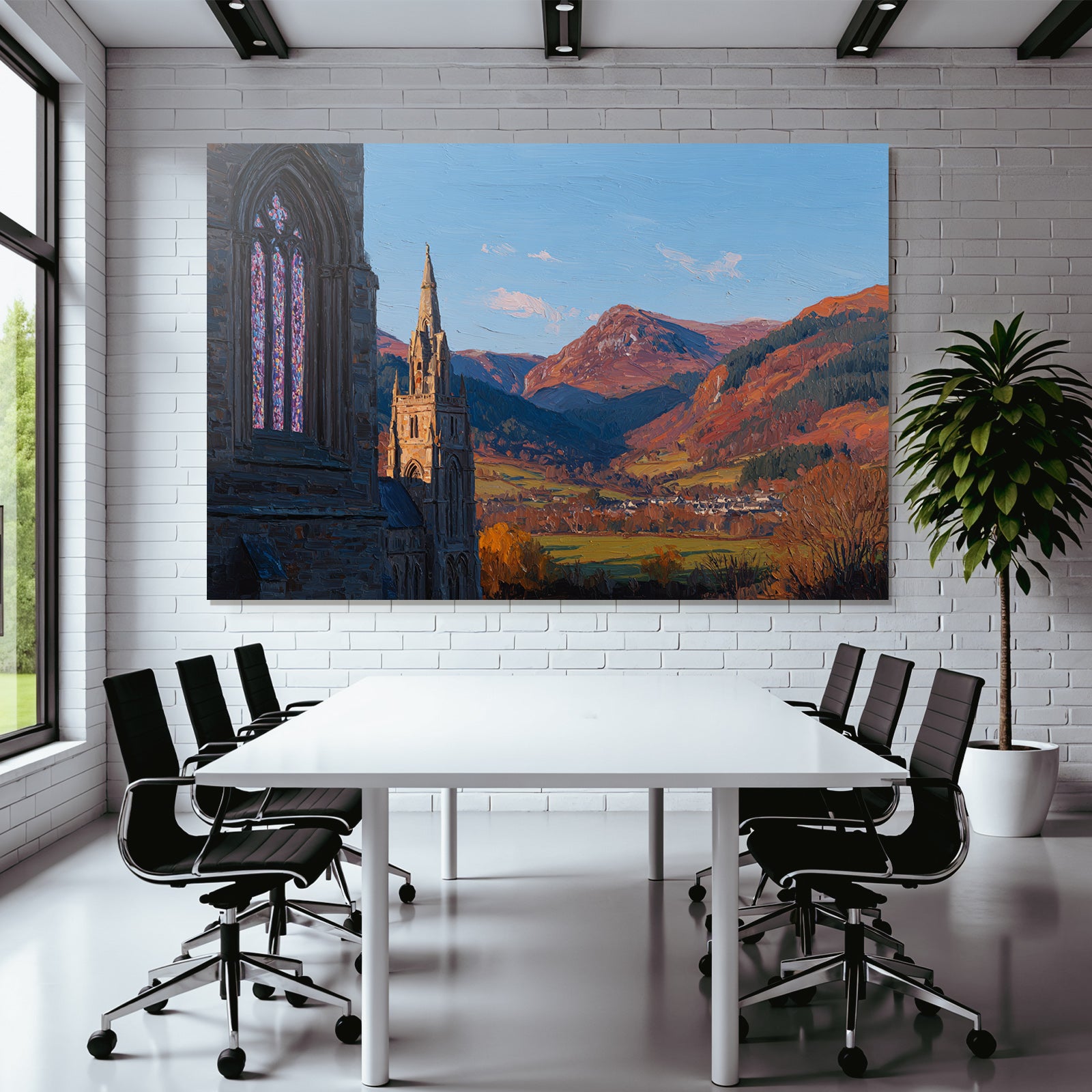 Kirche Mit Bunten Fenstern Umgeben Von Hügeln Und Bergen Sonnenuntergang