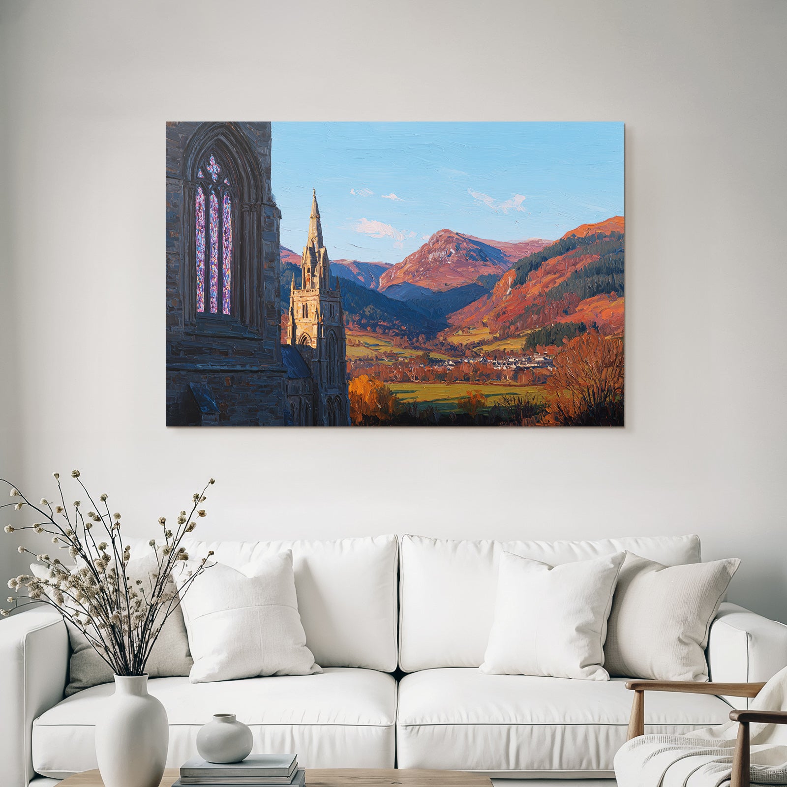 Kirche Mit Bunten Fenstern Umgeben Von Hügeln Und Bergen Sonnenuntergang